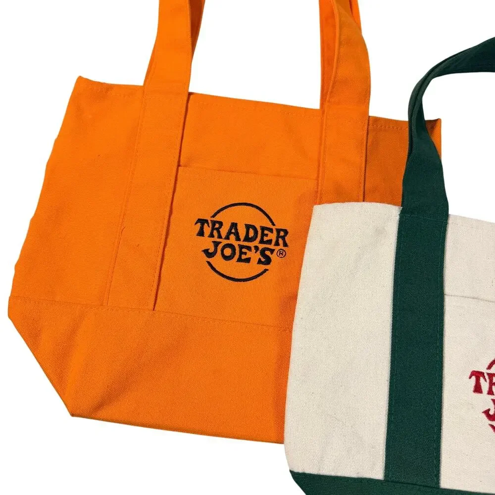 Lot of 2 Small Trader Joe’s Totes Embroidered Orange Green
